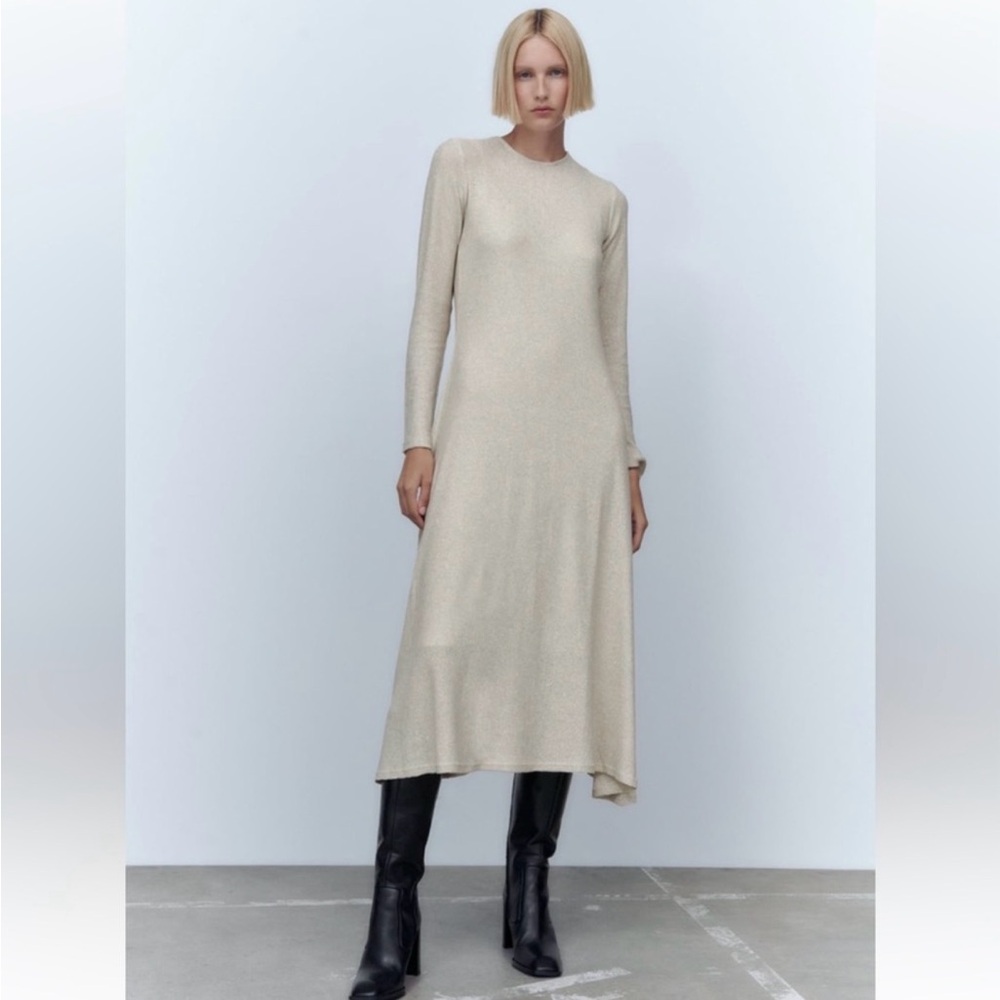 New Zara Metallic Knit Midi Dress Sz M Gold Fit Flare Long Sleeves NWT 2298/475